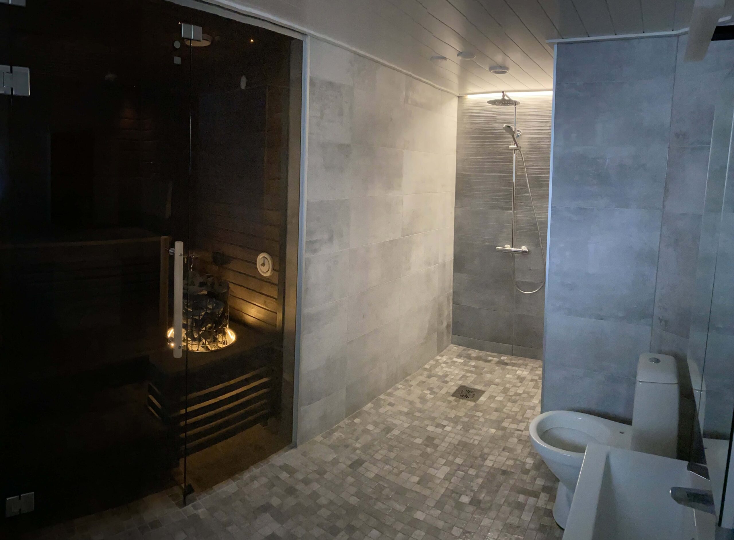 Kylpyhuoneen remontti: sauna lasiovella, sekä asennettu WC-istuin.